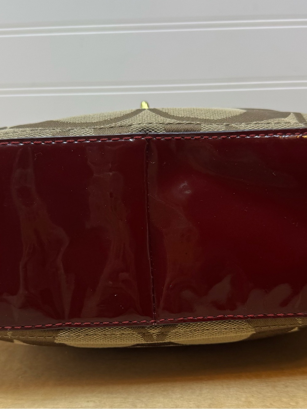 Coach Willis Tan Signature Canvas Shoulder Bag with Burgundy Patent Trim - Picture 6 of 11